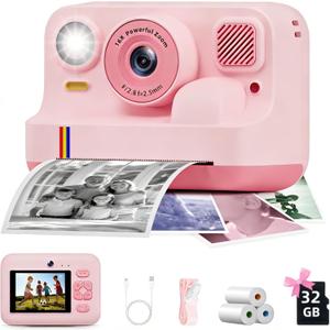 Instant Print Camera for Kids, Christmas Birthday Gifts for Girls Boys Age 3-15, 1080P Selfie Portable Digital Video Camera with 32GB SD Card, 3-Colored Print Paper- Pink