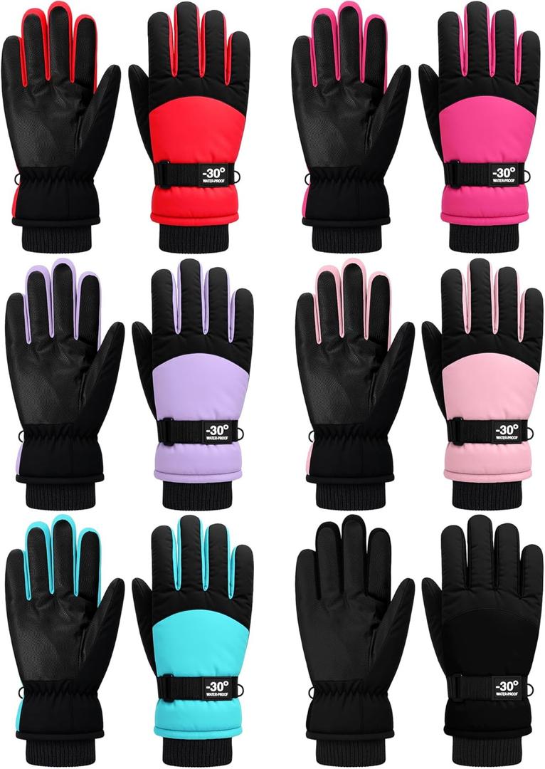 Bencailor 6 Pairs Mens Winter Snow Gloves Women Warm Waterproof Ski Mittens Adjustable for Adult Cold Weather (Small, Light Purple, Blue Green, Light Pink, Rose Red, Red, Black)