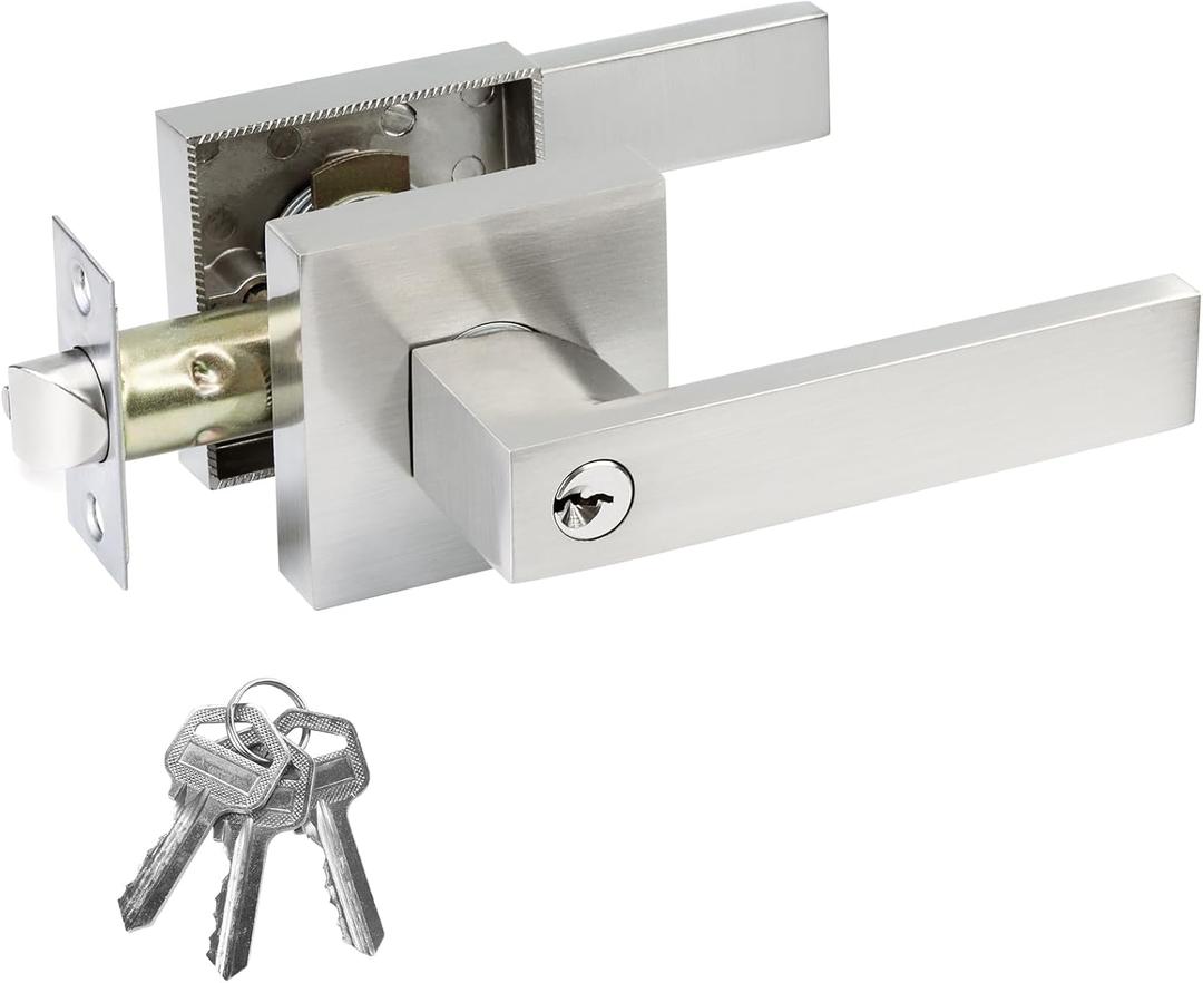 JO.KO Entry Door Lock Set, Square Door Lever for Bedroom, Passage Door Privacy Locking Interior/Exterior Entry Door Knob/Heavy Duty (1 Pack, Satin Nickel)