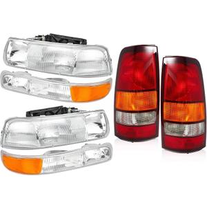 Factory Style Headlights Tail Lights Assembly Combo Compatible with 1999 2000 2001 2002 Chevy Silverado 1500 1500 HD 2500 2500 HD Replacement Head Light Rear Brake Lamp, Chrome Housing Amber Corner