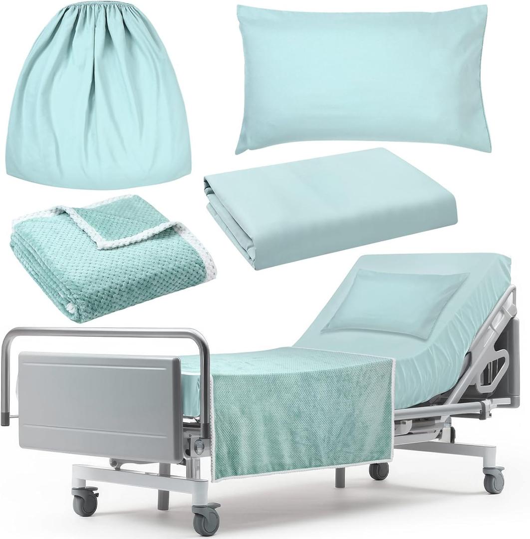 SmoothNovelty 4 Pcs Hospital Bed Sheets Set, Soft Knitted Standard Sheets Quality, Include Fitted Coverlet, Quilt Cover, Pillow Case and Blanket (Blue Green)