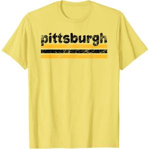 Pittsburgh Pennsylvania Three Stripe Vintage Weathered T-Shirt (Yellow, L)