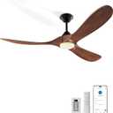 Wall Switch-52 inch Outdoor Ceiling Fan with Light Remote for Patios, Wet Rated Wood 3-Blade Propeller Ceiling Fans, Smart APP, High CFM 6-Speed DC Motor for Exterior Indoor, 3 LED Glass Lamp, Walnut