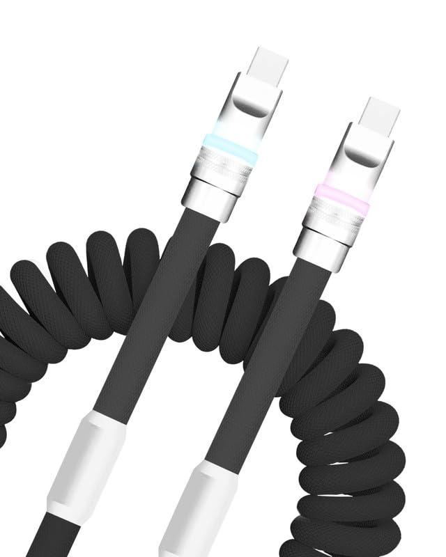 GentsStride Neon Chubby - New Spring Charge Cable Coiled Charging Cable for Carplay USB C Spiral Fast Charger Cable and Sync for Smart Phone, Tablet, Black, Type-C to Type-C, 2.29FT-3.6FT