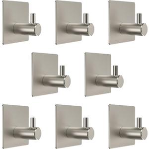 Brushed Nickel Self Adhesive Towel Hooks for Bathroom Wall Door Mounted - SUS304 Stainless Steel Strong Strips Stick on 3M Wall Hooks for Hanging Coat, Hat, Bag, Key, Jacket  8 Pack