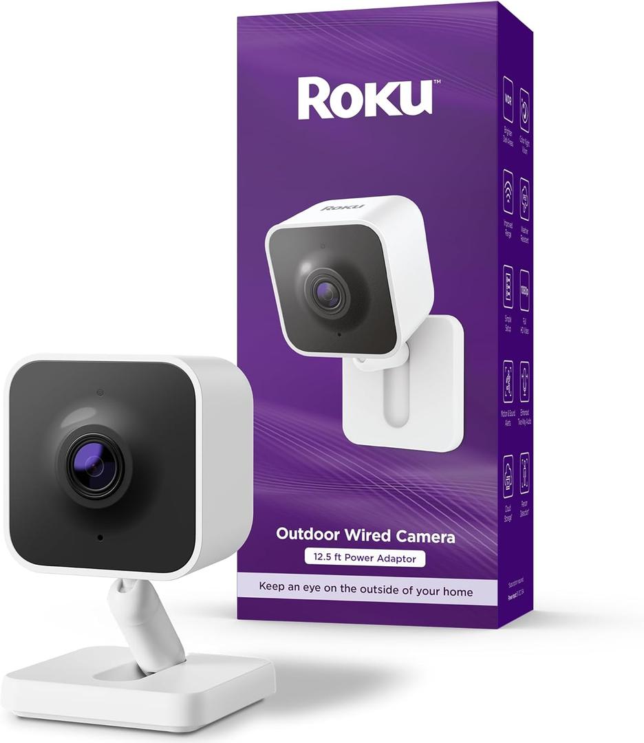 Roku Outdoor Camera - Home Security - IP65 Weather Resistant Wired Security Camera & Pet Monitor with 1080p HD Night Vision, Works with Alexa & Google, WDR, Motion & Sound Detection