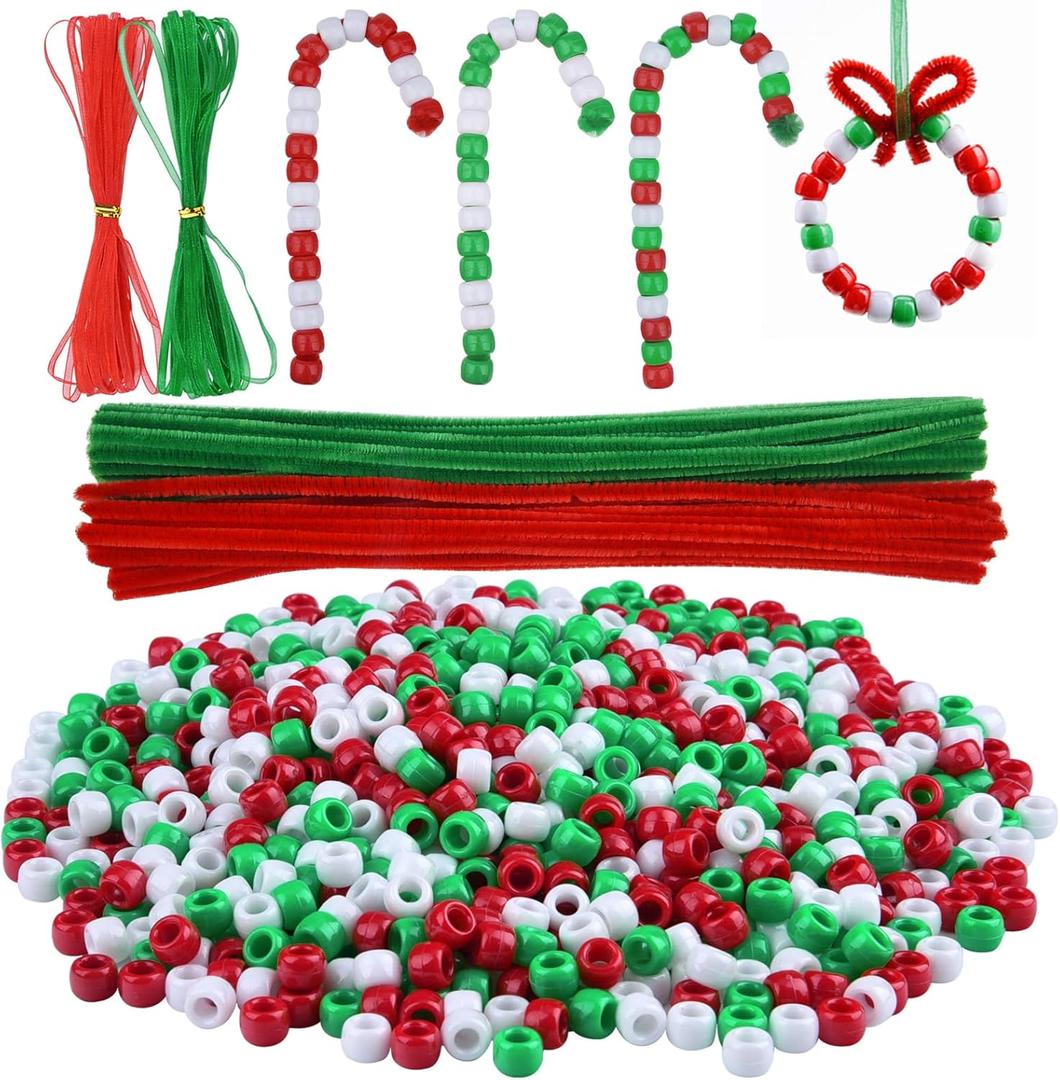 Livder Christmas Beaded Ornament Kit, Include 1000 Pieces Red Green White Plastic Beads, 60 Pieces Chenille Stems, 64 Feet Ribbon for Xmas Wreath Tree Decorations DIY Crafts Jewelry Making (Small)