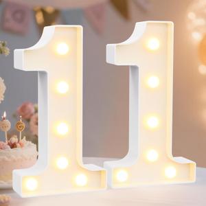 Pooqla Decorative LED Light Up Number Letters, White Plastic Marquee Number Lights Sign for Birthday Party Wedding Decor, Battery Operated (11) (8.86 in)
