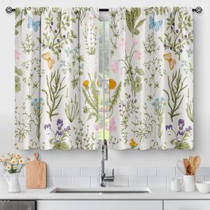 Aimego Flowers Floral Kitchen Curtains - Leaves Spring Botanical Small Short Tier Cafe Window Curtains for Bathroom Living RV Room Rod Pocket Window Drapes 36 Inch Length 2 Panels Set 28"x36"