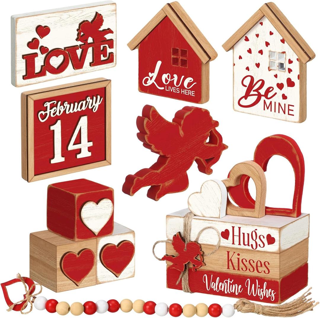 Vercraft 15 Pcs Valentine's Day Tiered Tray Decor Vintage Love Cupid Wooden Sign Valentine's Day Table Decorations Red White Be Mine House Wood Block Valentine Centerpieces for Home Tabletop Decor