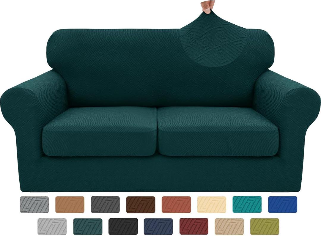 XINEAGE 2026 New 3 Pieces Couch Covers for 2 Cushion Sofa Super Stretch Loveseat Slipcover Pet Dog Universal Slip Cover Anti Slip Love Seat Furniture Protector (Blackish Green, 55"-69")