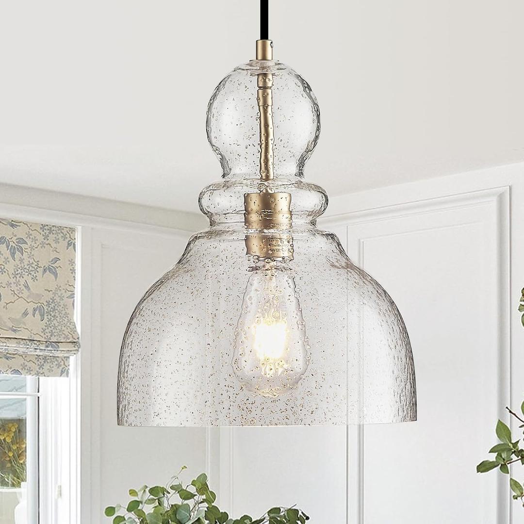 FookChak Gold Pendant Lights Kitchen Island, Large Gold Sand Glass Pendant Lighting Over Table 10inch Modern Brass Ceiling Island Light for Kitchen Sink Hallway Entrance