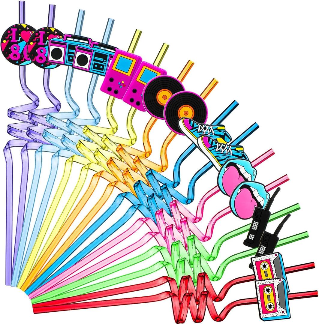 Vesici 80s Party Decor Retro Straw Hip Hop Theme 80s Party Silly Drinking Straws I Love Radio Boombox Mobile Phone Decorations for Adults, 8 Colors and Styles(48 Pcs)