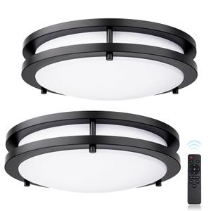 Flush Mount Ceiling Light with Remote: 2 Pack 16 Inch Lights fixture, 3000K-4500K-6000K Adjustable 3 Color Temperature, Dimmable Lighting Fixtures for Kitchen Bedroom Hardwired Installation (Black)