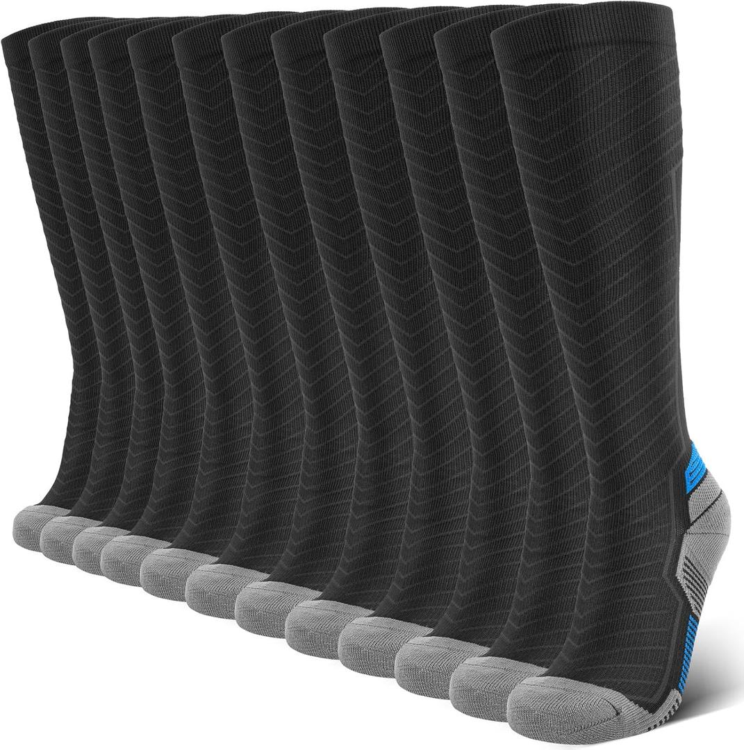 Compression Socks for Men & Women (2/4/6 Pairs) 20-30 mmHg Graduated Compression Knee High for Running, Athletic (XX-Large, (6 Pairs) Black With Egyptian Blue)