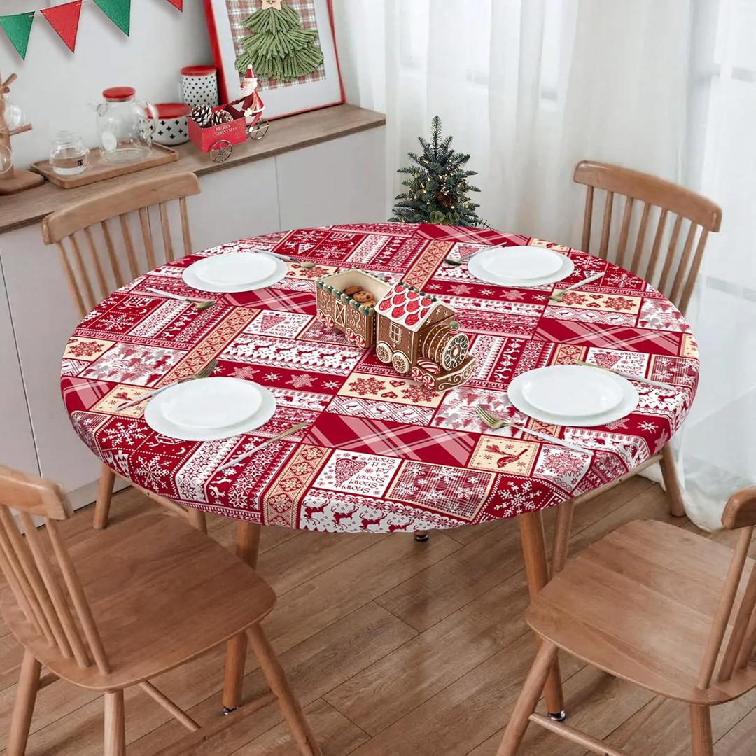 Elastic Round Tablecloth - Fit for 36-44 Tables, Christmas Round Fitted Table Cloth with Elastic Edge, Water Resistant Washable Table Covers for Dining Room, Party & Kitchen Decor (Red-xmas Elements)