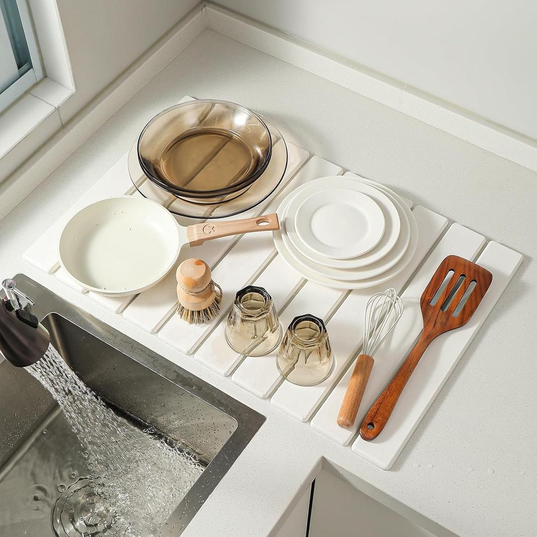 Large Stone Drying Mat for Kitchen Counter, 24''L x 16''W Diatomaceous Earth Collapsible Dish Drying Mat, Quick Drying Mat, Glasses and Flatware, Matches Any Countertop (White, 24'' x 16'')