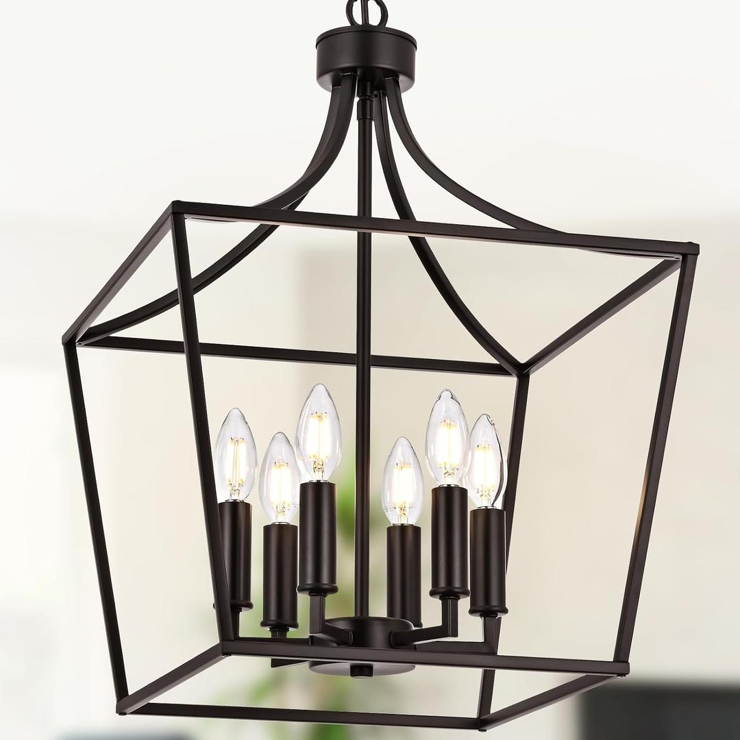6-Light Farmhouse Chandelier, Adjustable Height Kitchen Island Pendant Lighting Fixture for Over Table Dining Room Living Room Foyer, Oil Rubbed Bronze & E12 Bulb Base