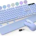 Wireless Keyboard and Mouse Backlit - Typewriter Keyboard with Retro Round Keycaps, Detachable Wrist Rest, Light Up Letters, 2.4G Rechargeable Combo for Mac, Windows, PC, Laptop, Trueque (Purple)