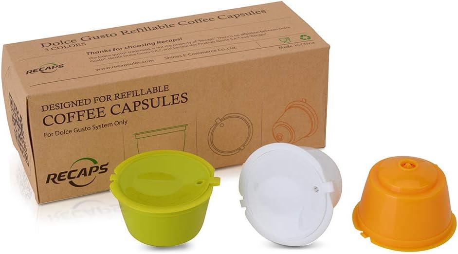 RECAPS Refillable Reusable Coffee Pods Compatible with Dolce Gusto Brewers 3 Pack (Yellow Green White)