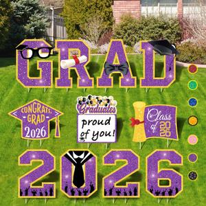 Graduation Decorations 2026 Purple, 11 Pcs Graduation Yard Signs Class of 2026, 15" Large Shimmering Grad Signs for Lawn Garden Pathway, High School College Senior Grad Party Decor Outdoor