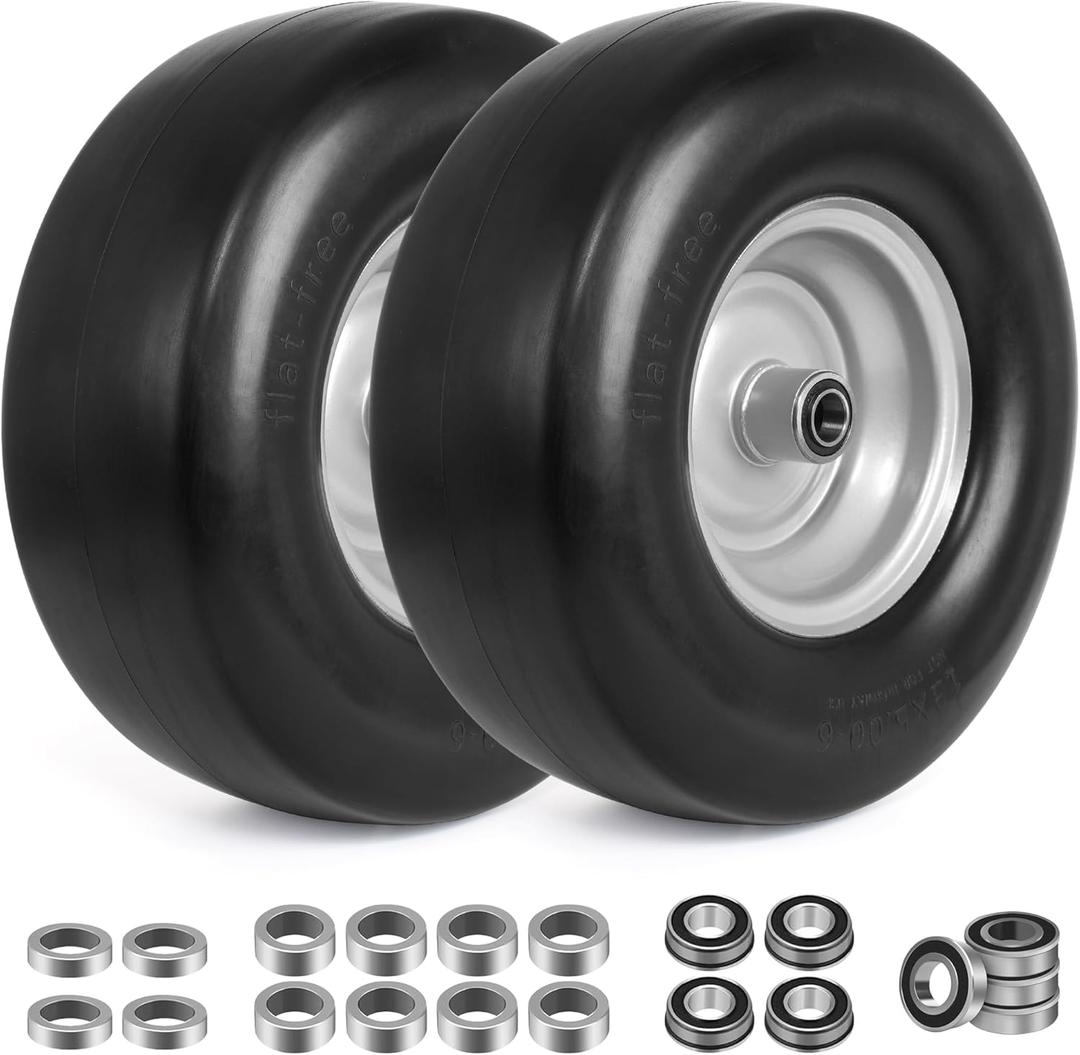 Suriwee 13x5.00-6 Flat Free Lawn Mower Tires and Wheels with 3/4" 5/8" 1/2" Bearings, Zero Turn Mower Front Tires, 3.25"-7" Center Hub (2 Pack,Yellow)