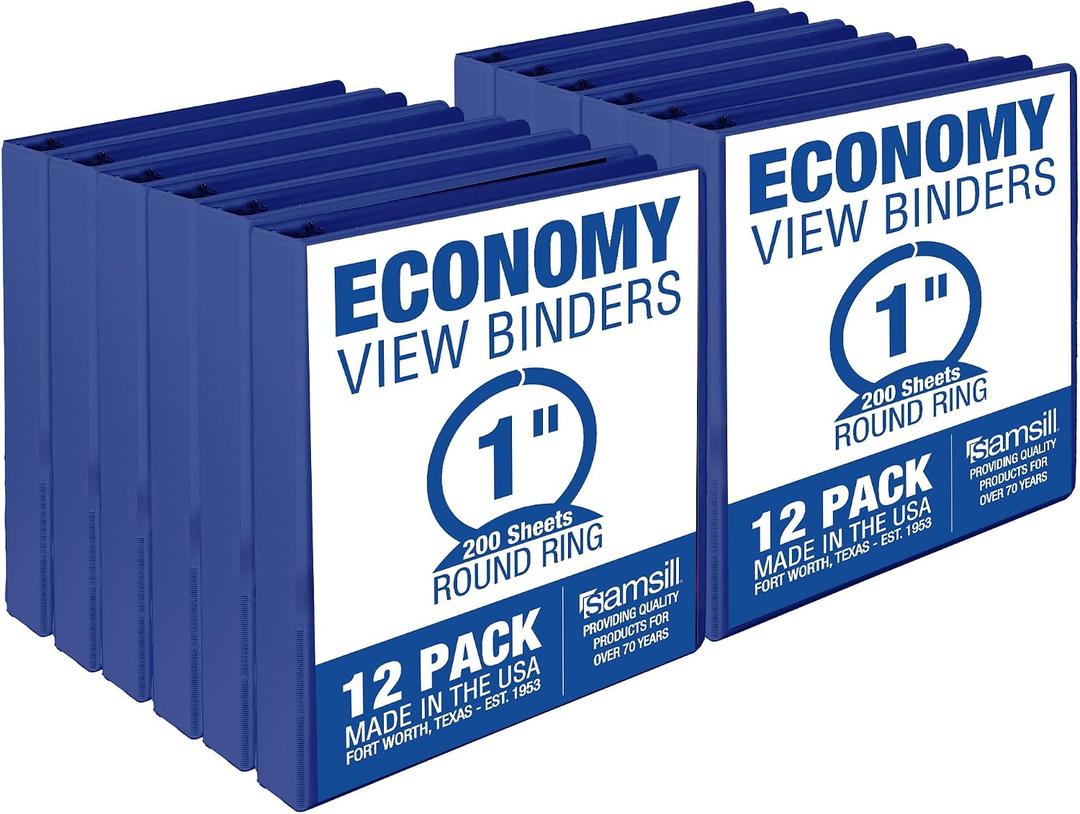 Samsill 1 Inch 3 Ring Binders, Economy Round Ring, Clear View Cover, 200 Sheet Capacity - for School, Home, Office - Blue, 12 Pack