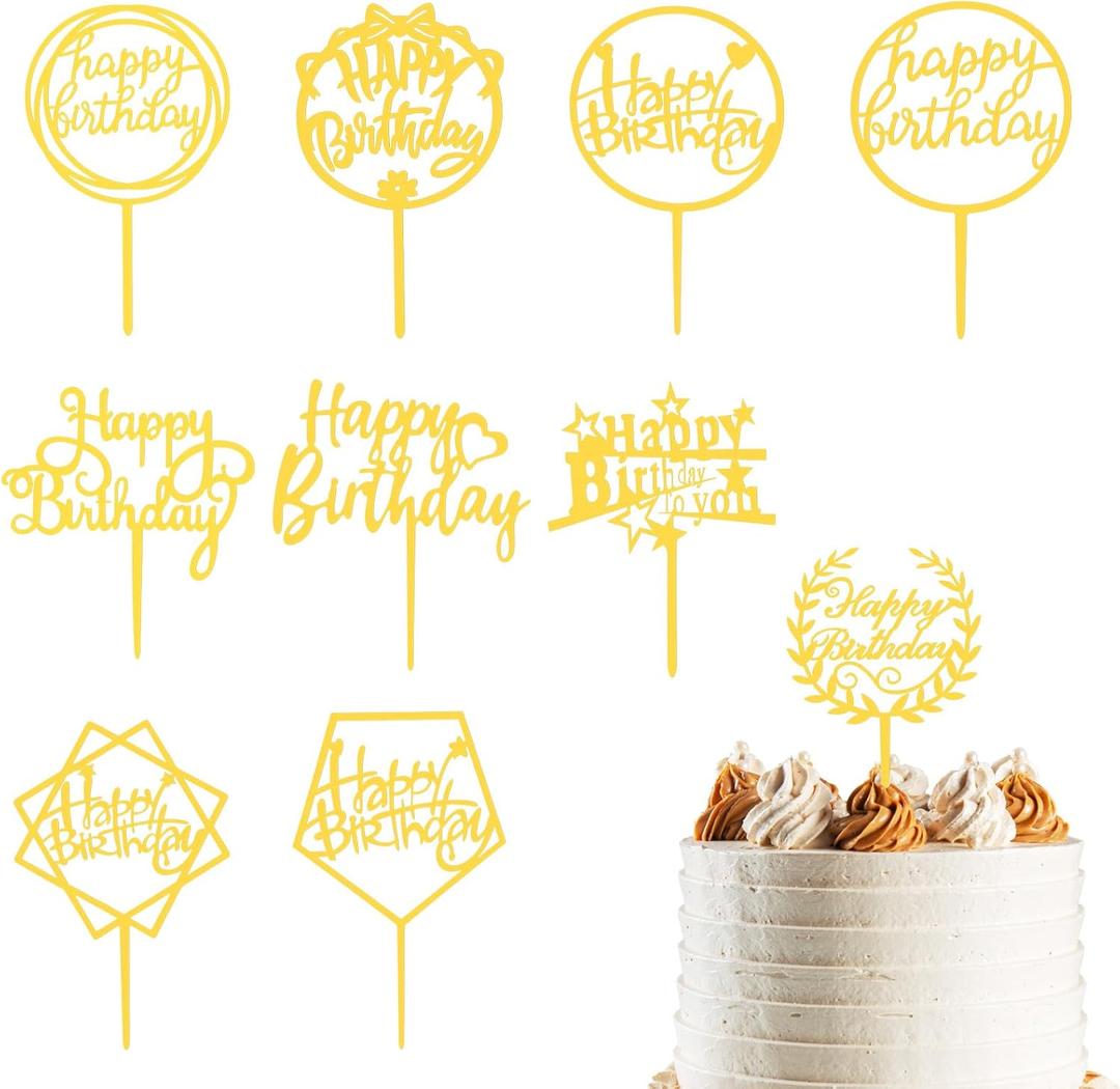 100 Pcs Gold Acrylic Happy Birthday Cake Toppers, Double Sided Party Decorations for Cakes Cupcakes, Adults Events Party Supplies