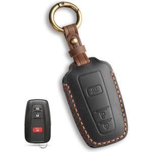 MILD EAST for Toyota Key Fob Cover Genuine Leather Key Case Shell Compatible with 4Runner Highlander Camry RAV4 C-HR (Black, 3 Buttons)