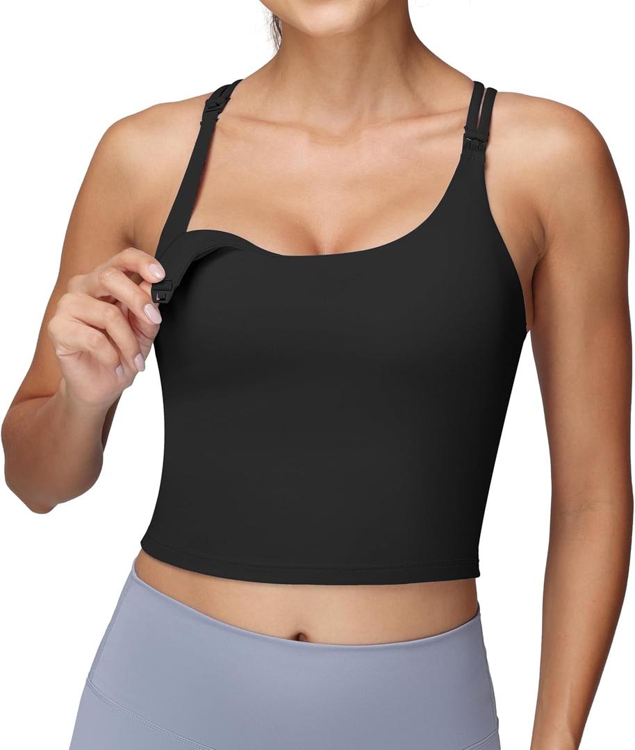 Foucome Nursing Tank Tops for Breastfeeding Longline Nursing Sports Bra Cross Back Workout Crop Top with Built in Bra (Medium, Black)
