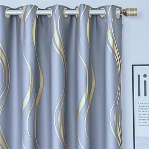 MYRU 1 Pair Grey Blackout Curtains for Bedroom, Luxury Striped Curtains for Living Room(Bluish Grey and Gold, 2 Panels 54 x 102 Inch)