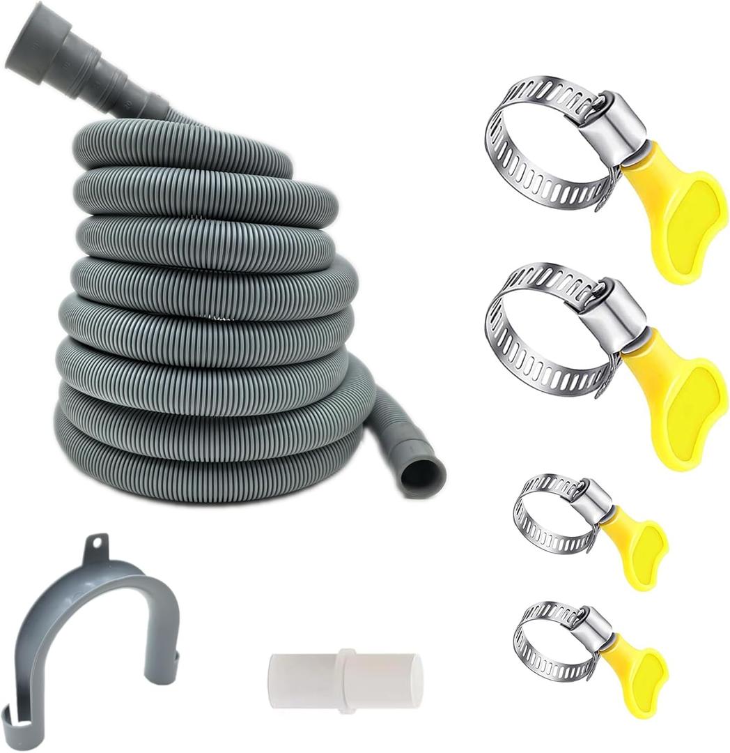 HLMOptimo 16 Feet Universal Washing Machine Drain Hose Flexible Dishwasher Drain Hose Extension Kits Corrugated Washer Hose w/ 1 Adapter 4 Clamps 1 U-Bend Holder