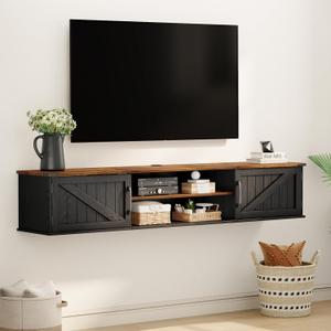 Floating TV Stand with Doors, 63'' Farmhouse Floating TV Shelf for TVs up to 80 Inch, 2 Tier Wall Mounted TV Stand, Floating Entertainment Center, TV Floating Cabinet for Living Room, Bedroom, Black, 63in