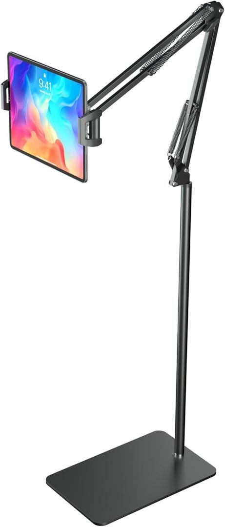 Tablet Floor Stand & Kindle Holder, Overhead Bed Reading Stand with 360 Rotatable Clamp and Height Adjustable Flexible Long Arm, Compatible with Kindle, iPad mini/Air/Pro, and 4.7-14 Inch Devices