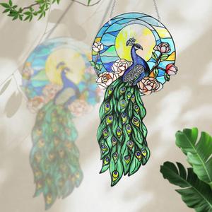 Bird Glass Suncatchers for Windows, Birds Sun Catcher Stained Glass, Bird Lover Gifts for Men & Women Unique - Moon Peacock