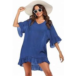 Ekouaer Womens Swimsuit Coverup V Neck Bathing Suit Beach Dress Sexy Ruffle Sleeves Bikini Cover Up Loose Top Sky Blue, XS