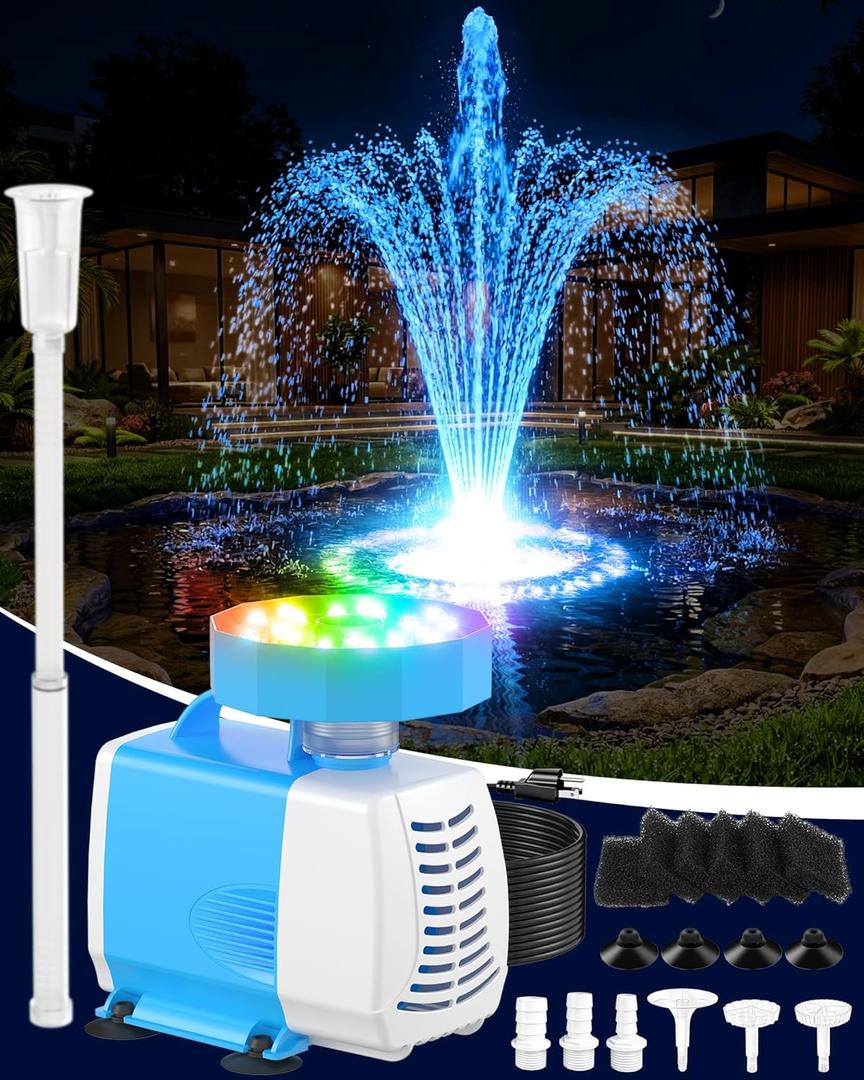 3-in-1 Submersible Pump RGB Pond Filter Kits, 2026 Upgraded Pond Filter Fountain with 7 Colorful Lights, Pond Fountain Pump with 3 Spray Modes, 660GPH Submersible Water Pump for Pond, Fish Tank,Blue