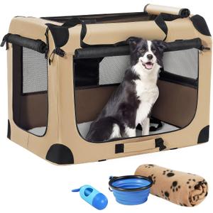 Petprsco Portable Dog Crate - 32"x23"x23" Collapsible Dog Travel Crate for Medium/Large Dogs with Soft Blanket, Foldable Bowl & Poop Bag Dispenser - Indoor & Outdoor Use