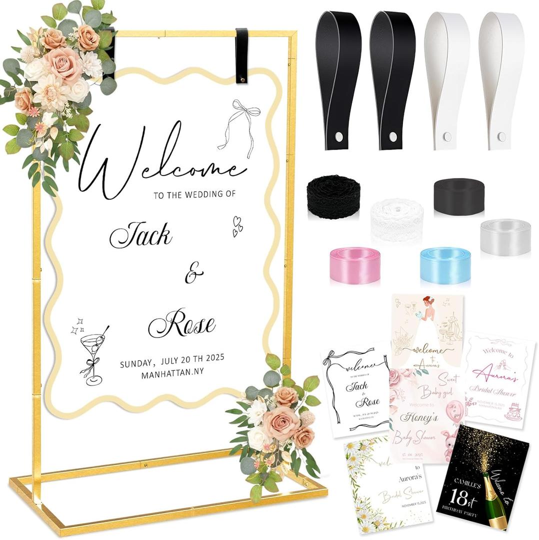 OurWarm Wedding Welcome Sign Stand, Adjustable Welcome to Our Wedding Sign Holder W/Design Bundle, Heavy Duty Easel Stand for Sign, Wedding Seating Chart Stand, Easel for Display (Gold)