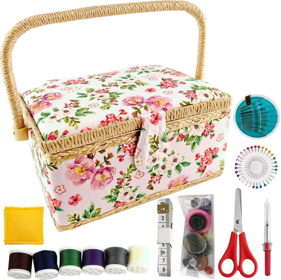 NROZIET Sewing Basket for Sewing Supplies, Wooden Sewing Kit Storage Box with Accessories, Vintage Sewing Kits Carrying Organizer with Handle for Embroidery, DIY Supplies, Beginner, Professional