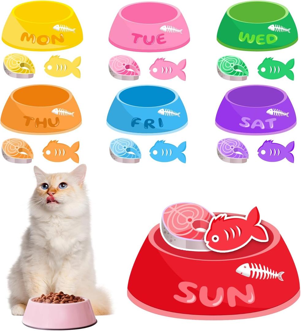Magnetic Cat Feeding Reminder Tracker Weekly Meal Planner for Cats with Colorful Bowls, Fish Meat & Fish Icons Reusable Fridge Magnet Chart for Pet Feeding Schedule, Cat Food Organizer Sign (EXP 08/07/26)