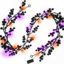 [Dual Color Lights & Timer] 5.8 Ft 20 LED Halloween Garland Decorations Black Berried Garlands with Purple Orange Lights Battery Operated Halloween Decorations for Home Table Mantle Fireplace Indoor