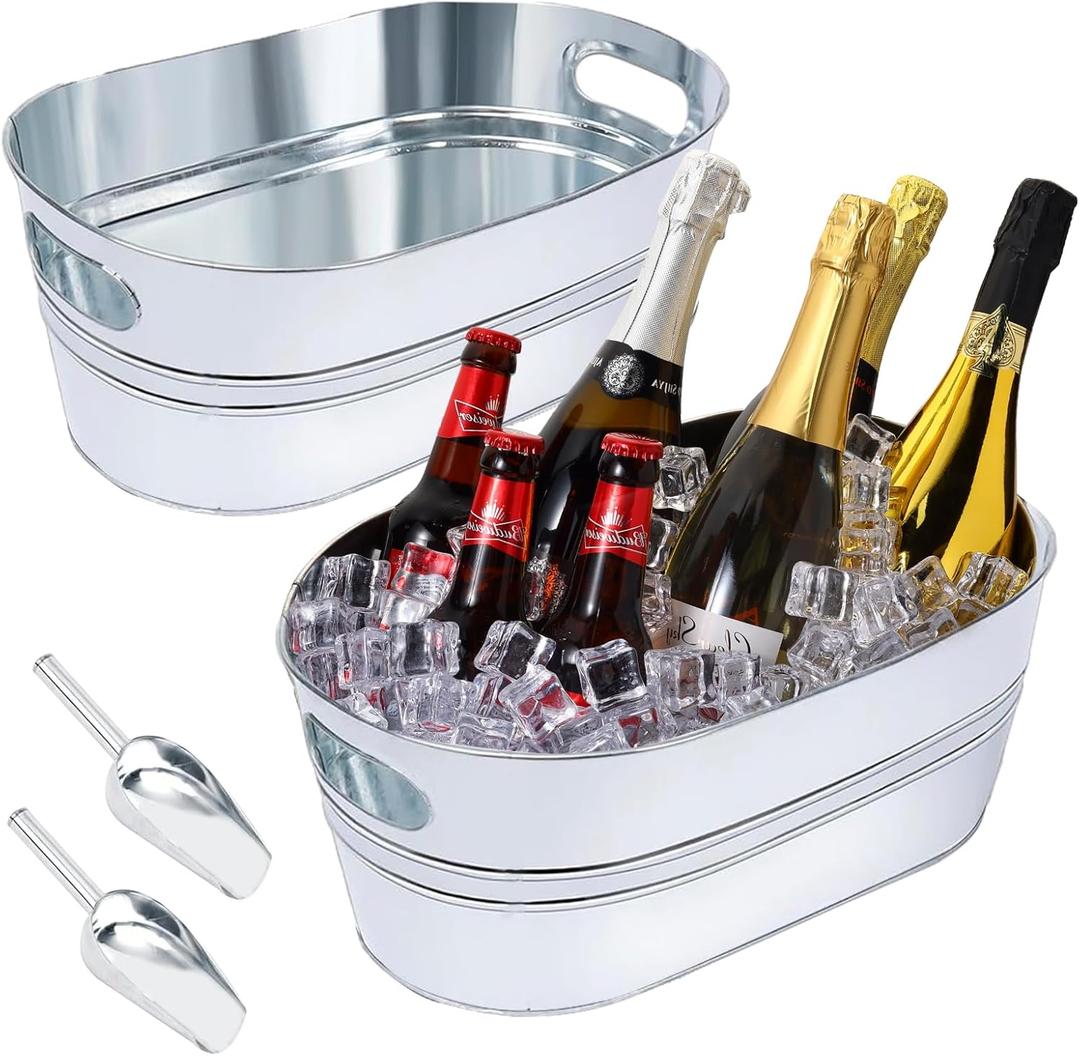 2 Pack Galvanized Ice Bucket 4 Gallon Galvanized Tub Ice Bucket for Parties Metal Beverage Buckets with Handles Wine Beer Champagne Vintage Buckets for Cocktails Mimosa Bar Supplies with Scoops (Silver)