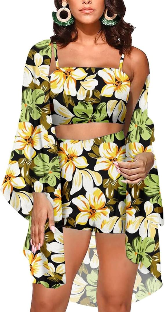 KEYUFANG Women 3 Piece Vocation Outfits Summer Suit Floral Kimono Cardigans Beach Cover Up Crop Cami Top Short Set (XL)