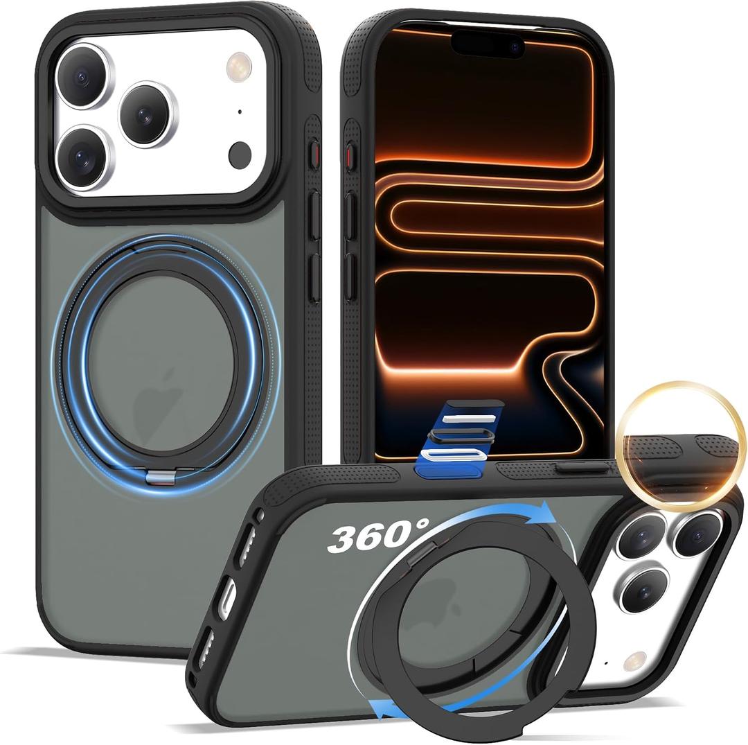 XIQI Compatible with iPhone 17 Pro Case 6.3'' with Magnetic 360 Rotatable Ring Stand & AI Camera Control Button[Compatible with Mag-Safe] Translucent Matte Phone Cover for Men Wowen,Black