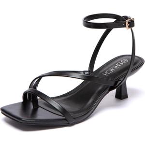 Kitten Heels for Women Low Strappy Lace Up Heels Square Toe Thong Ankle Strap Heels Fashion Comfort Dress Shoes (7, Black)