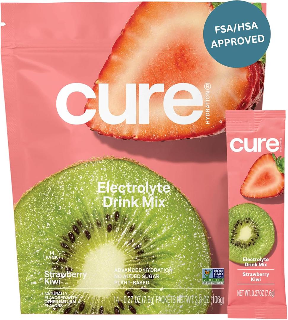 Cure Hydration | Plant-Based Electrolyte Drink Mix | No Added Sugar | FSA-HSA | Dehydration Relief Powder Made with Coconut Water | Non-GMO | Vegan | Pouch of 14 Packets - Strawberry Kiwi, BBD: 07/02/27