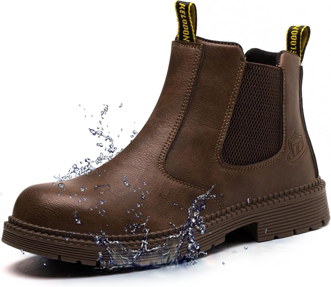 KELODON Waterproof Steel Toe Boots For Men-6 Inch Leather Slip On Safety Work Boots Mens Steel Toe Shoes Indestructible Non Slip Resistant Ankle Industrial Construction Boot (12, Waterproof-dr Brown)