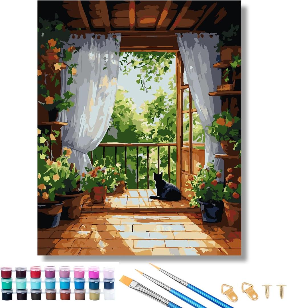 GUMONE Paint by Numbers Kit for Adults,Easy Acrylic on Canvas 16x20 inch with Paints and Brushes,Paint by Numbers Landscape Cat for Home Wall Decor (Flower Room Cat)