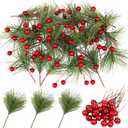 CCINEE 96Pcs Artificial Green Pine Needles Branches Red Berry Picks for Crafts, Greenery Stems Mini Holly Berries Pine Picks Twigs for Christmas Tree Garland Wreath Embellishing Holiday Decorations